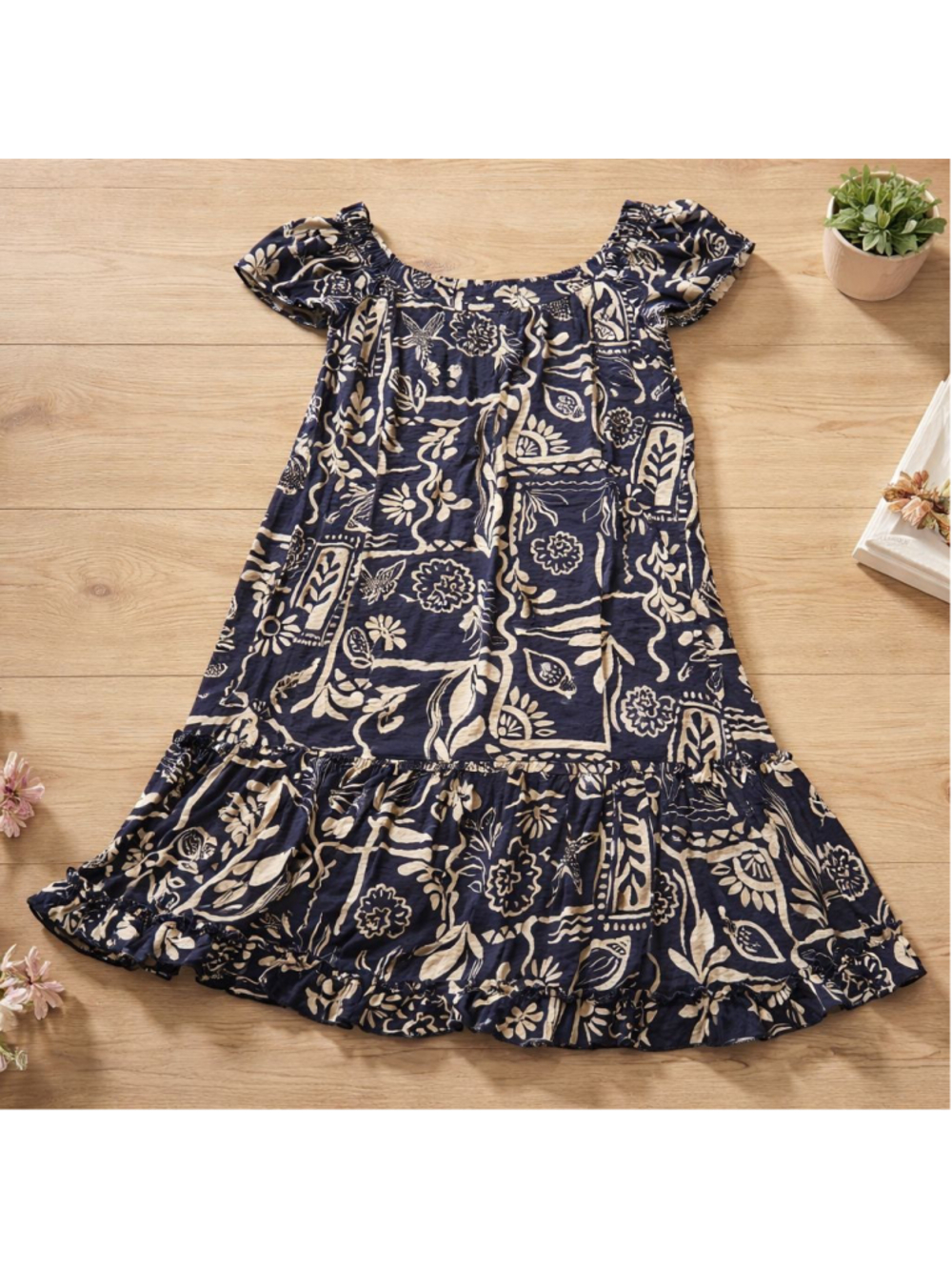 Women's ROBBIE BEE Boho Navy Beige Floral Paisley Mini Dress S Ruffle Detail